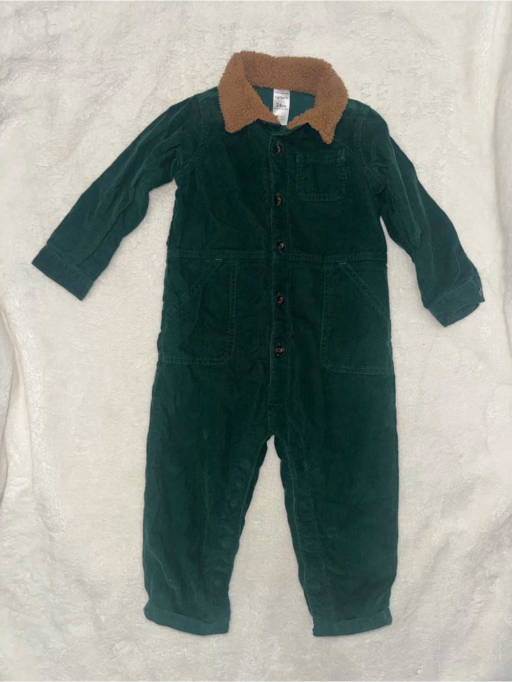 Carter's Dark Green Corduroy Jumpsuit with Tan Sherpa Collar